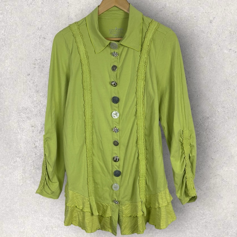 Neon Buddha Lime Green Button Front Jacket Size Small Ruffle Trim Stretch Boho S